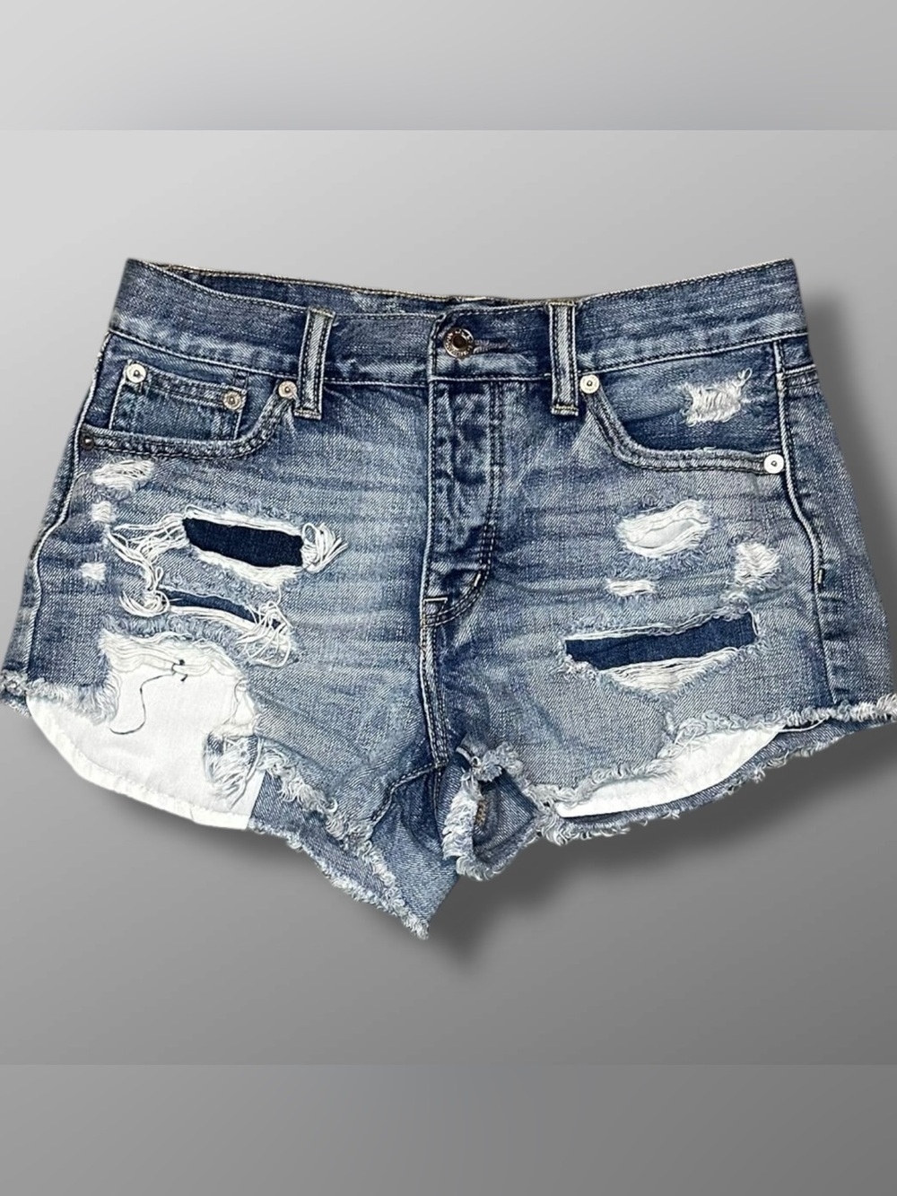 American Eagle Hi-Rise Festival Denim Shorts Distressed Button Fly Sz 0